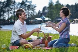 contento giovane coppia avendo un' picnic all'aperto foto