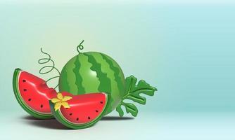 Banner di anguria 3d e fette succose, illustrazione 3d di succo di anguria, concetto di frutta fresca e succosa di cibo estivo. foto