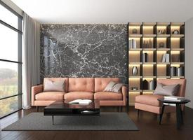 soggiorno moderno di lusso con divano in pelle, parete in marmo nero e libreria. rendering 3D foto