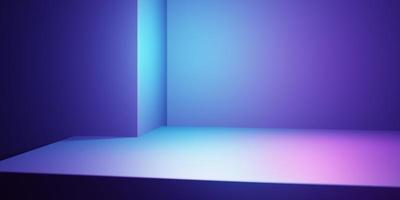 Rendering 3d di sfondo geometrico astratto con luce al neon viola e blu. scena per pubblicità, tecnologia, showroom, affari, futuro, moderno, sport, metaverso. illustrazione di fantascienza. esposizione del prodotto foto