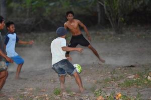 gili asahan, Indonesia - agosto, 22 2016 - ragazzi siamo giocando calcio a tramonto su un' palma albero campo vicino il spiaggia foto