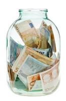 conservazione Euro i soldi nel bicchiere vaso foto