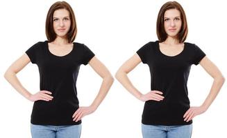 maglietta design e persone concetto - vicino su di giovane donna nel vuoto nero maglietta, camicia davanti isolato foto