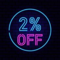 2 per cento vendita raggiante neon lampada cartello. vettore illustrazione. foto