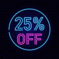 25 per cento vendita raggiante neon lampada cartello. vettore illustrazione. foto