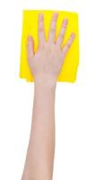 superiore Visualizza di mano con giallo asciugandosi straccio isolato foto