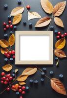 autunno tema foto telaio finto su immagine circondato di le foglie e frutti di bosco