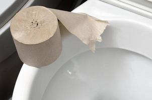 un' rotolo di grigio gabinetto carta bugie su un' bianca ceramica gabinetto nel il bagno foto