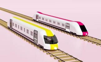 3d Due proiettile treno cartone animato con Ferrovia brani, cielo treno trasporto giocattolo, estate viaggio servizio, pianificazione viaggiatore turismo treno isolato su rosa sfondo. 3d rendere illustrazione, ritaglio sentiero foto