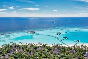 Maldive Paradiso scenario. tropicale aereo paesaggio, paesaggio marino con lungo ponte, acqua ville con sorprendente mare e laguna spiaggia, tropicale natura. esotico turismo destinazione striscione, estate vacanza foto