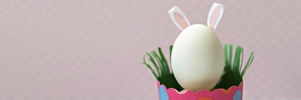 uovo di gallina bianco con orecchie da coniglio in un vassoio di carta rosa ecologico, scatola. felice vacanza di pasqua concetto. testo in inglese buona pasqua .banner foto