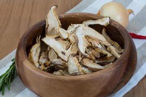 asciutto shiitake nel un' ciotola su di legno sfondo foto