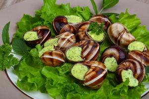 escargot su il piatto e di legno sfondo foto