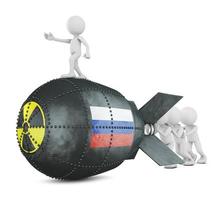poco uomini siamo spingendo un' nucleare bomba con il Immagine di il russo bandiera. 3d rendere. foto