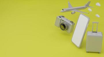 3d resa. in viaggio concetto valigia telecamera aereo con smartphone su giallo sfondo. foto