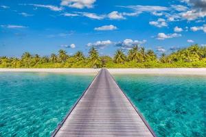 incredibile panorama alle maldive. ville resort di lusso vista sul mare con palme, sabbia bianca e cielo blu. bellissimo paesaggio estivo. incredibile sfondo della spiaggia per le vacanze. concetto di isola paradisiaca foto