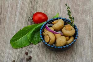 champignon sottaceto in una ciotola su fondo di legno foto