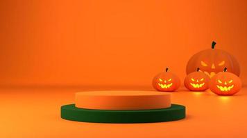 arancia e verde podio minimo verde sfondo per Halloween, 3d interpretazione geometrico forma, modello scena, e vuoto spazio. foto