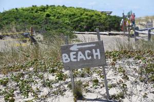 di legno spiaggia cartello con un freccia nel sabbia foto