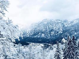 scenario di Hallstatt inverno neve montagna paesaggio valle e lago attraverso il foresta nel altopiano valle conduce per il vecchio sale il mio di Hallstatt, Austria foto