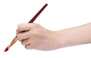 mano detiene artistico piatto pennello con rosso mancia foto
