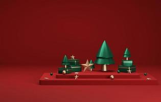 il giro base podio, palla oro e rosso cerchio regalo scatola con albero per Natale e nuovo anno astratto sfondo. 3d illustrazione, 3d interpretazione foto