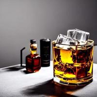 fresco whisky su chiaro bicchiere e bottiglia anche a dadini ghiaccio alcool disegno. immagine e Immagine bevanda illustrazione per sfondo foto