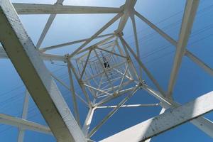 torre di trasmissione, vista dal basso. torre della linea elettrica del pilone aereo, distribuzione e trasmissione di energia elettrica su grandi distanze. foto