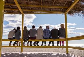 gruppo di amici avendo divertimento su autunno giorno a spiaggia foto