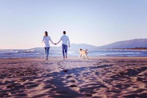 coppia con cane avendo divertimento su spiaggia su autunno giorno foto