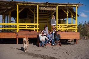 gruppo di amici avendo divertimento su autunno giorno a spiaggia foto