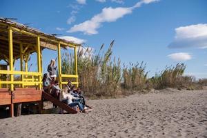 gruppo di amici avendo divertimento su autunno giorno a spiaggia foto