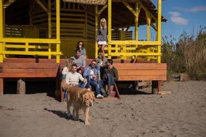 gruppo di amici avendo divertimento su autunno giorno a spiaggia foto