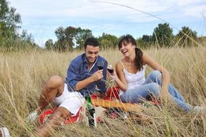 contento coppia godendo campagna picnic nel lungo erba foto