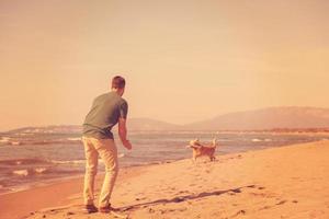 uomo con cane godendo gratuito tempo su il spiaggia foto