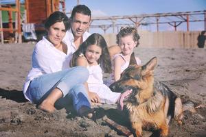 contento famiglia giocando con cane su spiaggia foto