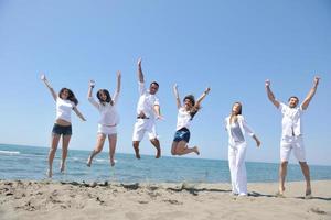 contento persone gruppo avere divertimento e in esecuzione su spiaggia foto