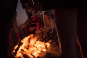 amici avendo divertimento a spiaggia su autunno giorno foto