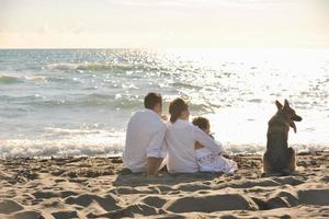 contento famiglia giocando con cane su spiaggia foto