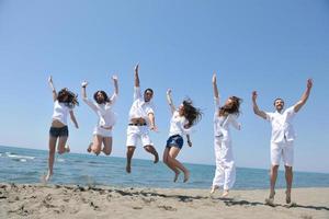 contento persone gruppo avere divertimento e in esecuzione su spiaggia foto