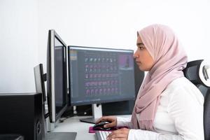 femmina Arabo creativo professionale Lavorando a casa ufficio su del desktop computer con doppio schermo tenere sotto controllo superiore Visualizza. selettivo messa a fuoco foto