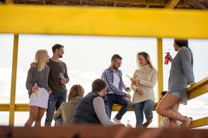 gruppo di amici avendo divertimento su autunno giorno a spiaggia foto