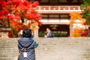 kurama, kyoto prefettura, kansai, Giappone - novembre 21, 2019 - turisti visitare per vedere autunno scena di kurama-dera, un' tempio situato a il base di montare kurama nel il lontano nord di kyoto foto