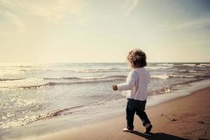 carino poco ragazza a autunno spiaggia foto