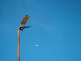 il riflettore Torre su il sfondo è un' blu cielo e Là è un' piccolo Luna nel il mezzo foto