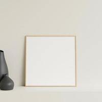 minimalista davanti Visualizza piazza di legno foto o manifesto telaio modello pendente contro parete su tavolo con vaso. 3d resa.