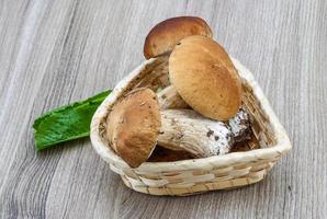 funghi selvatici in un cesto su fondo di legno foto