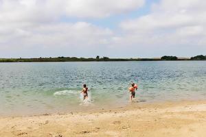 Due ragazzi in esecuzione nel il acqua e avendo divertimento a il spiaggia. foto