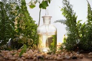 scienziato con naturale droga ricerca, naturale biologico botanica e scientifico cristalleria, alternativa verde erba medicinale, naturale pelle cura bellezza prodotti, ricerca e sviluppo concetto. foto