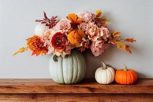 autunno arredamento su un' di legno tavolo contro un' bianca parete bandiera sfondo. fiori di autunno colori, zucche Il prossimo per il vaso. 3d resa. foto